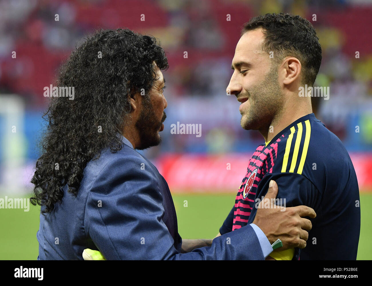 Kazan, Russia. 24th June, 2018. Former Colombia's goalkeeper Rene Higuita (L) is seen prior to the 2018 FIFA World Cup Group H match between Poland and Colombia in Kazan, Russia, June 24, 2018. Credit: He Canling/Xinhua/Alamy Live News Stock Photo