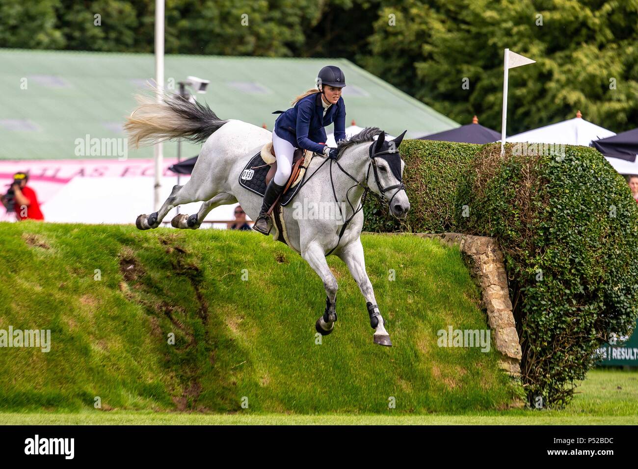 West Sussex, UK. 23rd June, 2018. Charlene Bastone riding Fyberlinus.  GBR.The British Speed Derby. CSI4* The Al Shira'aa Hickstead Derby Meeting.  Showjumping. The All England Jumping Course. Hickstead. West Sussex. UK. Day