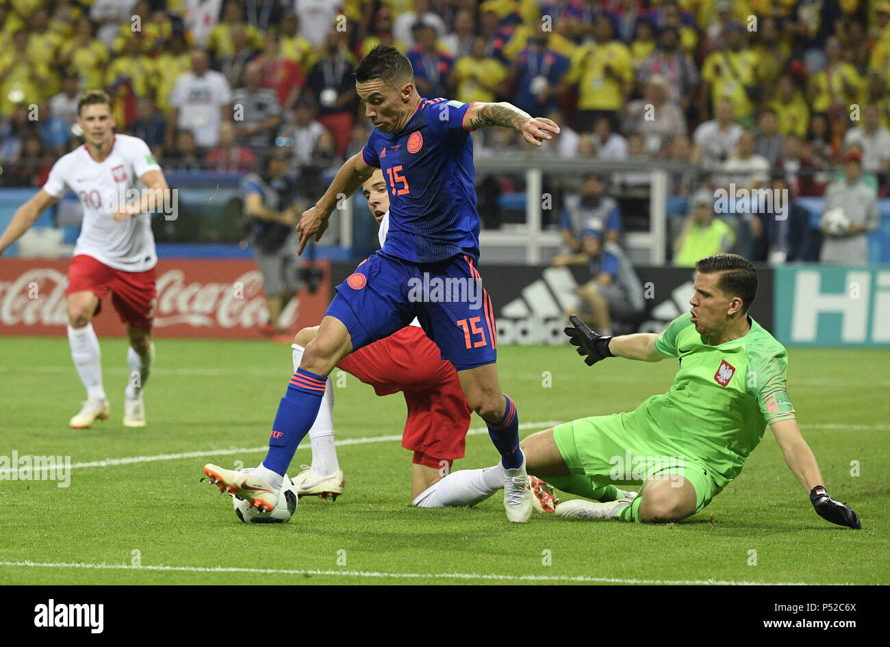 Kazan, Russia. 24th June, 2018. Mateus Uribe (front) of Colombia competes during the 2018 FIFA World Cup Group H match between Poland and Colombia in Kazan, Russia, June 24, 2018. Colombia won 3-0. Credit: Lui Siu Wai/Xinhua/Alamy Live News Stock Photo