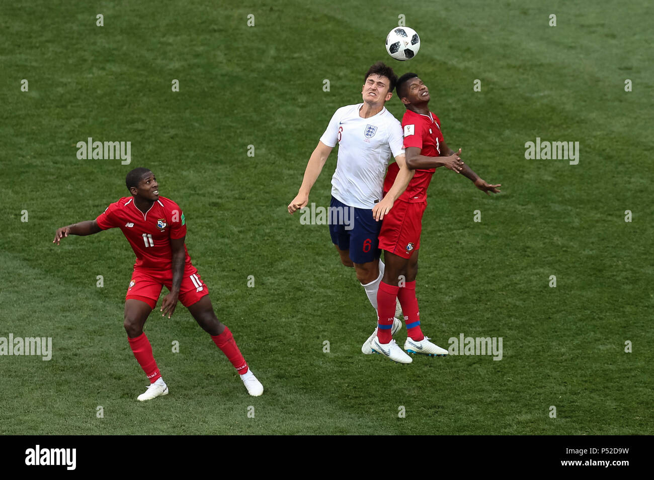 Nizhny Novgorod, Russia. 24th June, 2018. Harry Maguire of England and Fidel Escobar of Panama compete for the ball during the 2018 FIFA World Cup Group G match between England and Panama at Nizhny Novgorod Stadium on June 24th 2018 in Nizhny Novgorod, Russia. (Photo by Daniel Chesterton/phcimages.com) Credit: PHC Images/Alamy Live News Stock Photo
