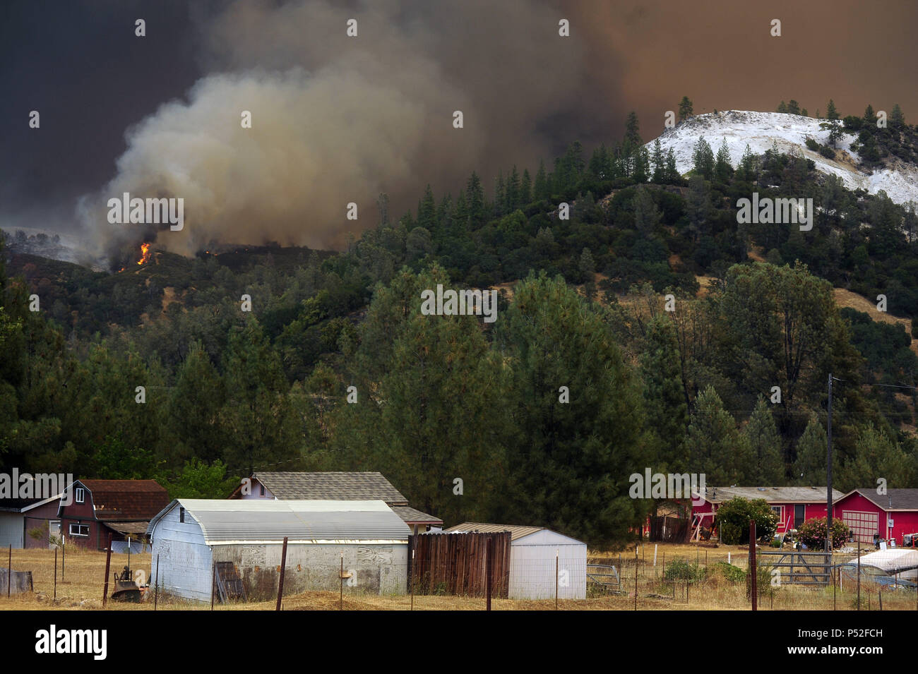 Clearlake Oaks, California, USA. 24th June, 2018. The Pawnee Fire in Lake County continued to show aggressive fire behavior in the early afternoon of Sunday. Fire crews focused on structure protection while helicopters make water drops to assist the strike teams on the ground. Credit: Neal Waters/ZUMA Wire/Alamy Live News Stock Photo