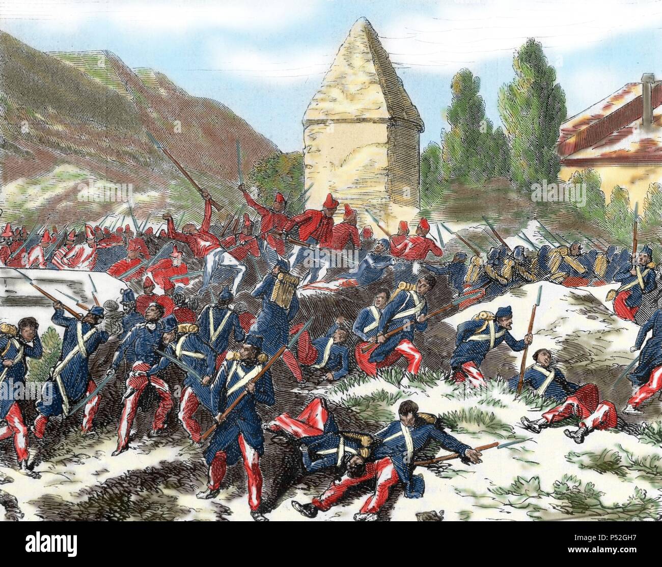 Italian unification (1859-1924). Battle of Volturno (1860). Neapolitans recoil to the other side of the aqueduct of Ponte della Valle. Engraving. 'L'Illustration' (1860). Colored. Stock Photo