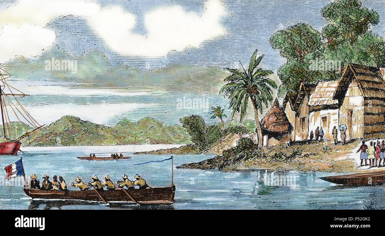 Colonialism. First African expeditions. French ship heading to the village of Abata, on Lake Ebrie. Drawing by M. Kerjean. Second half of the nineteenth century. Colored. Stock Photo