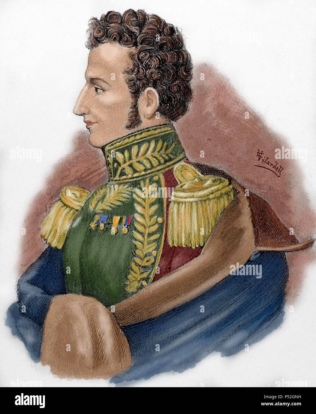Antonio Jose de Sucre (1795-1830), known as the Grand Marshal of Ayacucho. Venezuelan independence leader, general and statesman. Colored engraving, 1888. Stock Photo