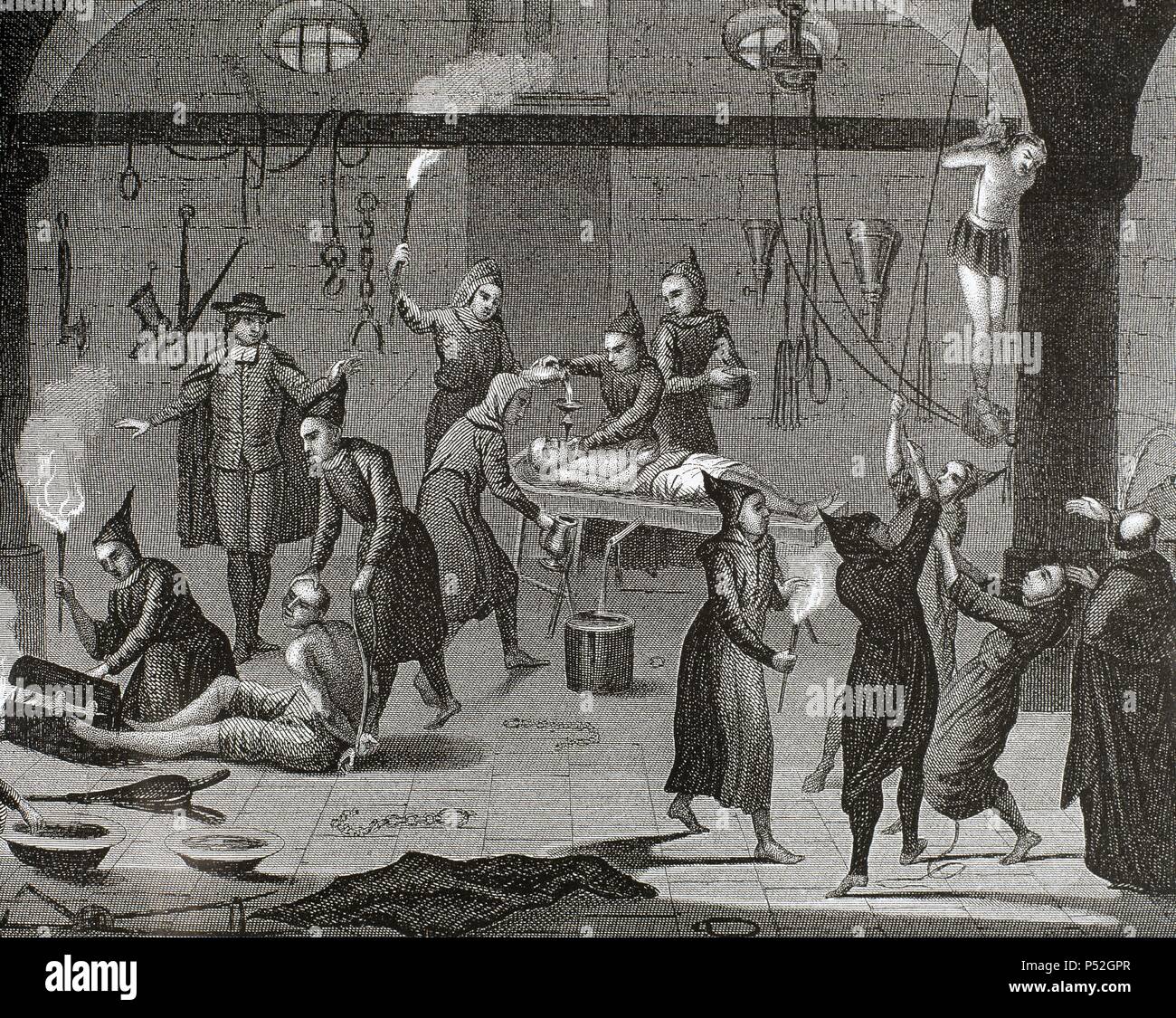 Middle ages. Torture chamber. Engraving depicting different types of physical torture. Stock Photo