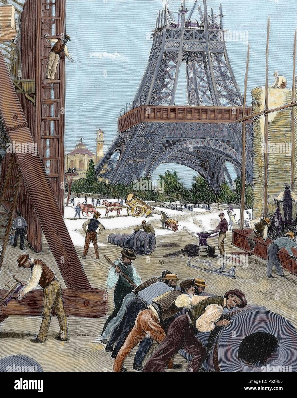 History of France. Paris. Universal Exhibition of 1889. Construction of the Eiffel Tower. Colored engraving. Stock Photo