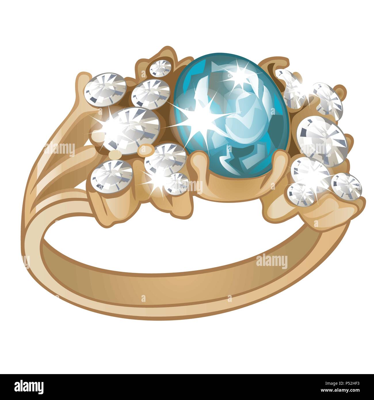 Exclusive ring made of gold with inlaid blue aquamarine and diamonds isolated on white background. An instance of boutique jewelry. Vector illustration. Stock Vector