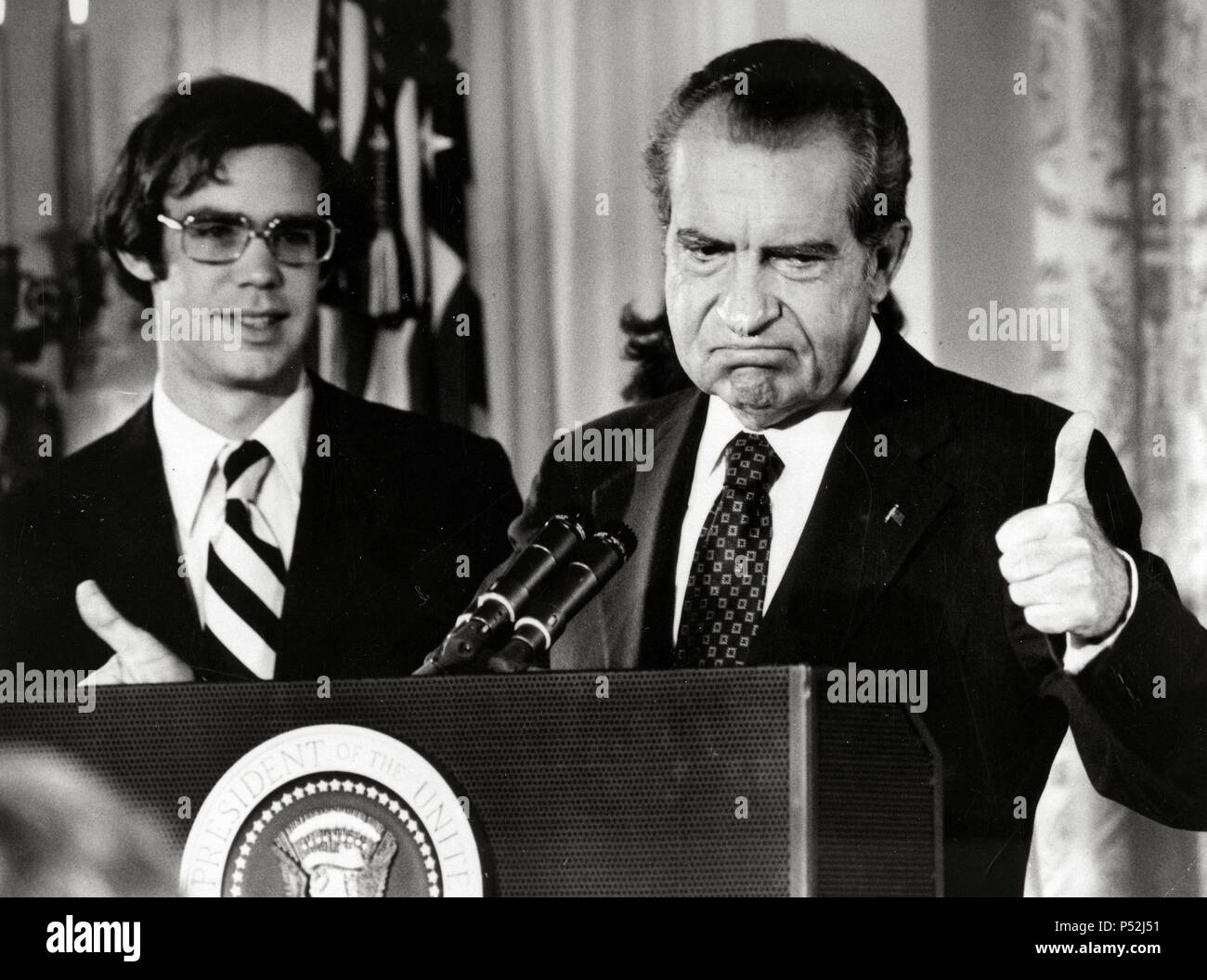 Richard Nixon's resignation. Richard Nixon saying goodbye to members of his staff and cabinet in White House, after resigning from office. Stock Photo
