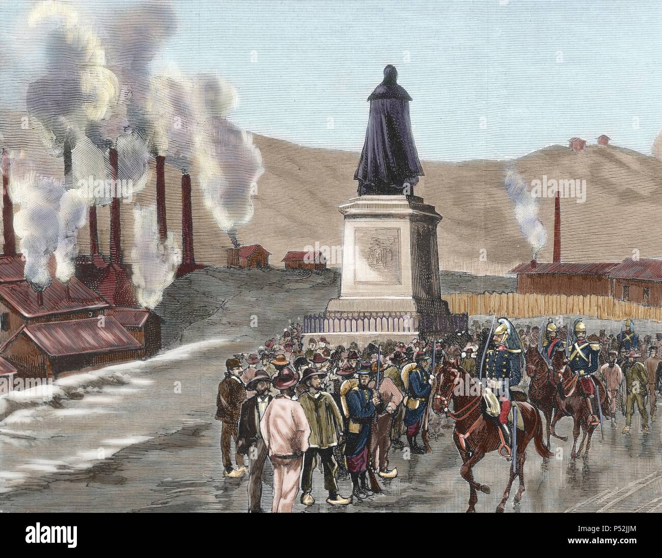 History of France. Decazeville strike. Military patrols crossing the Duke of Decazes square occupied by the strikers in the coal mines and steel mills. Engraving in 1886 by Comba. Colored engraving. Stock Photo