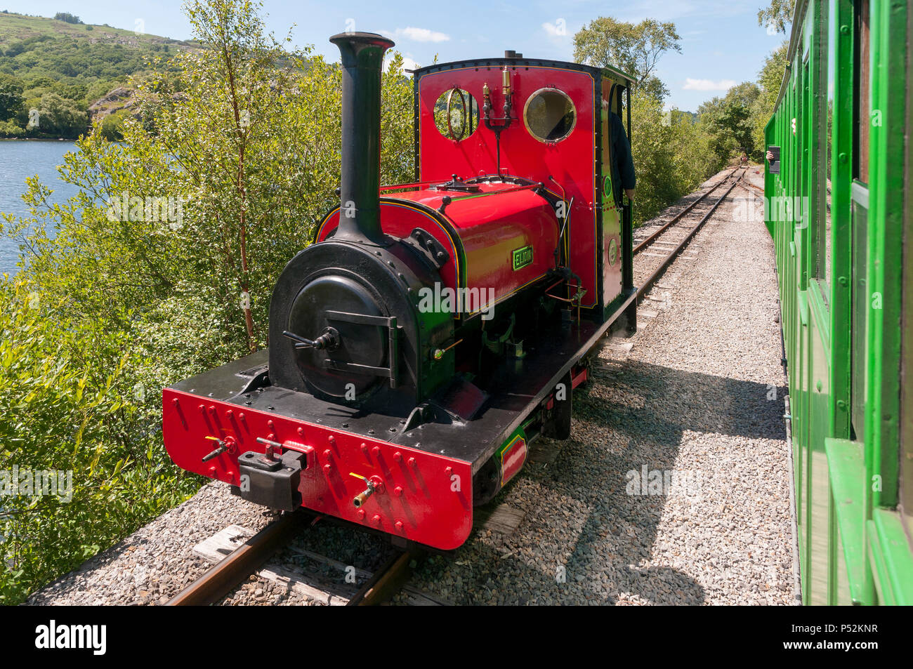 Llanberis lake narrow guage steam railway. Vintage engine Elidir. North Wales. Stock Photo