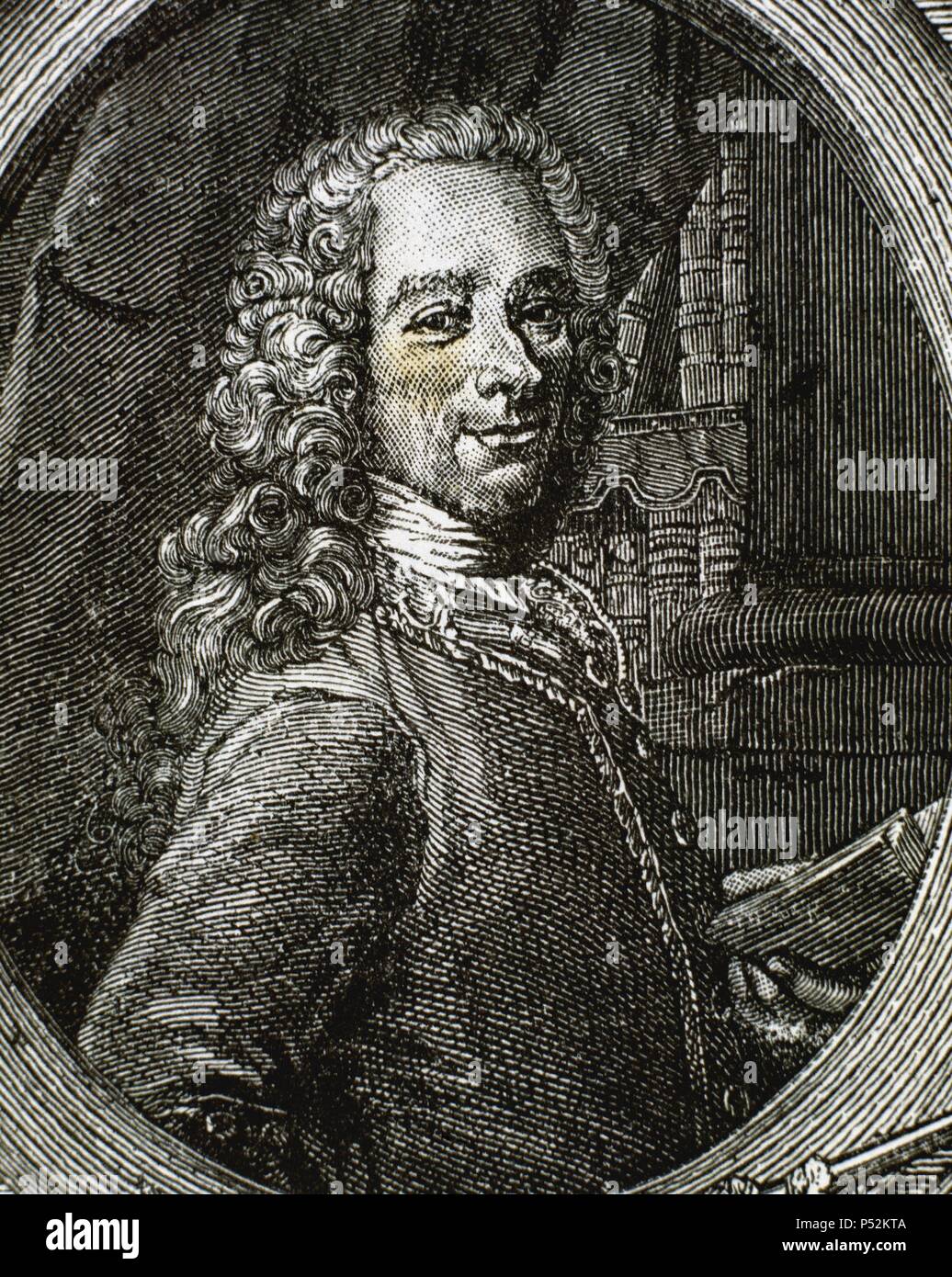 Voltaire (1694-1778). French Enlightenment writer, historian, and philosopher. Portrait. Engraving by Etienne Fiquet (1719-1797). Stock Photo
