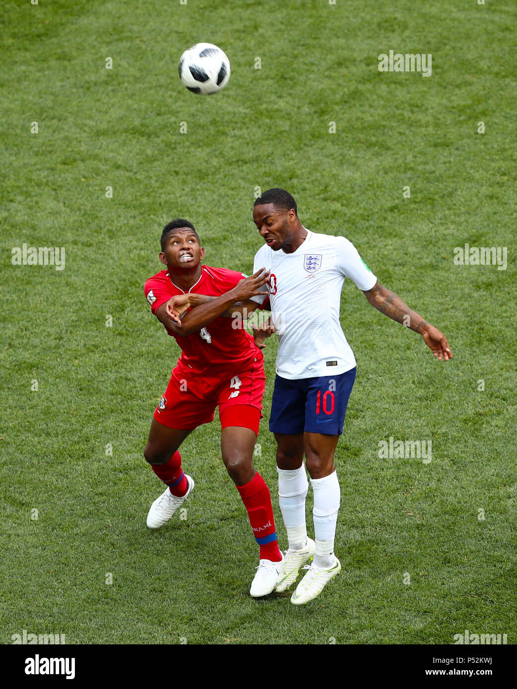 Panama's Fidel Escobar (left) and England's Raheem Sterling battle for the ball during the FIFA World Cup Group G match at the Nizhny Novgorod Stadium. Stock Photo