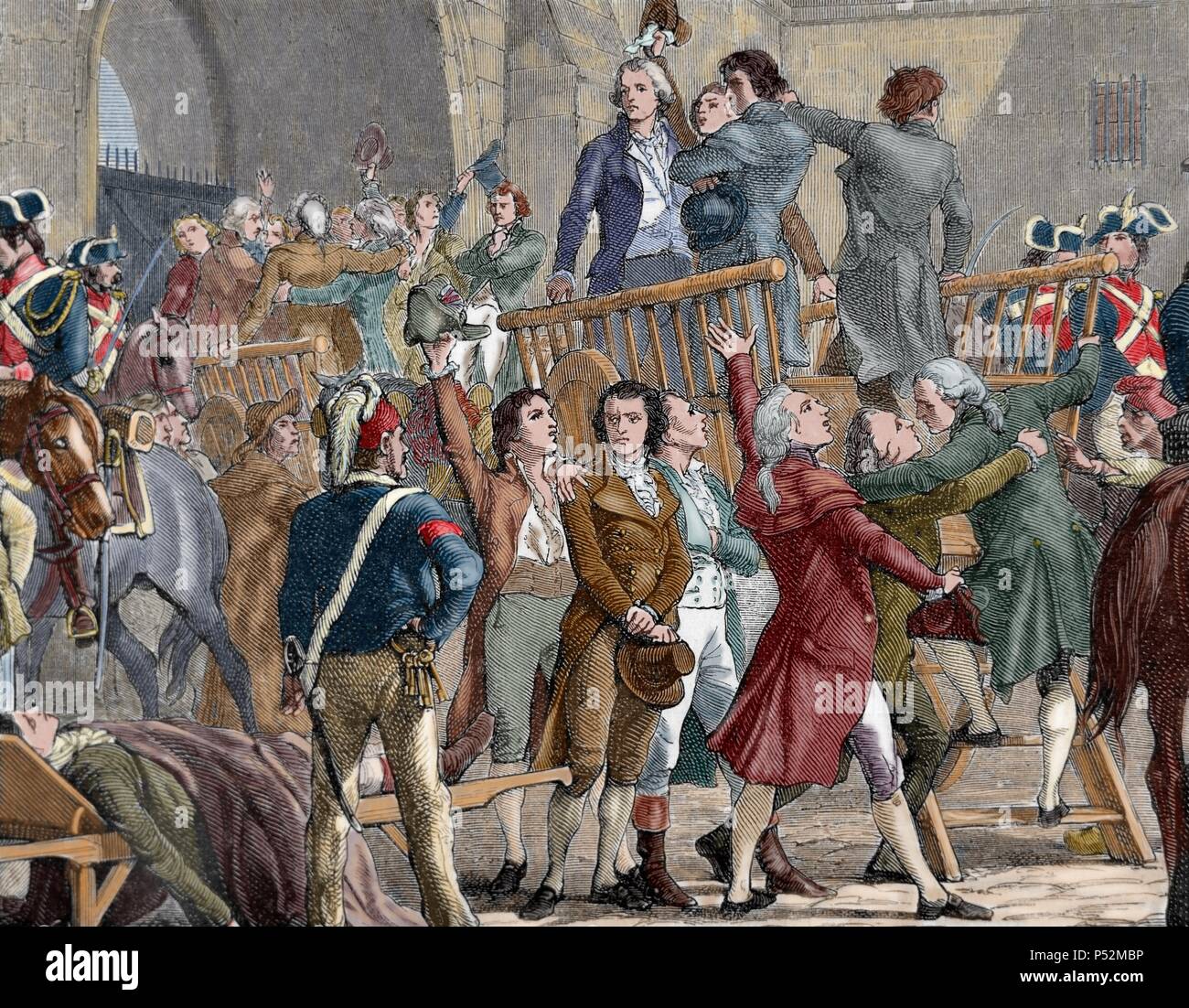 French Revolution (1789). The Girondists out of jail to go to the gallows. Moderate politicians and federalists, belonging to the provincial bourgeoisie, were accused of conspiring against the unity of the Republic. Its leaders were beheaded by order of Robespierre in 1793. Were known as Rolandistes or Brissotins. Colored engraving. 19th century. Stock Photo