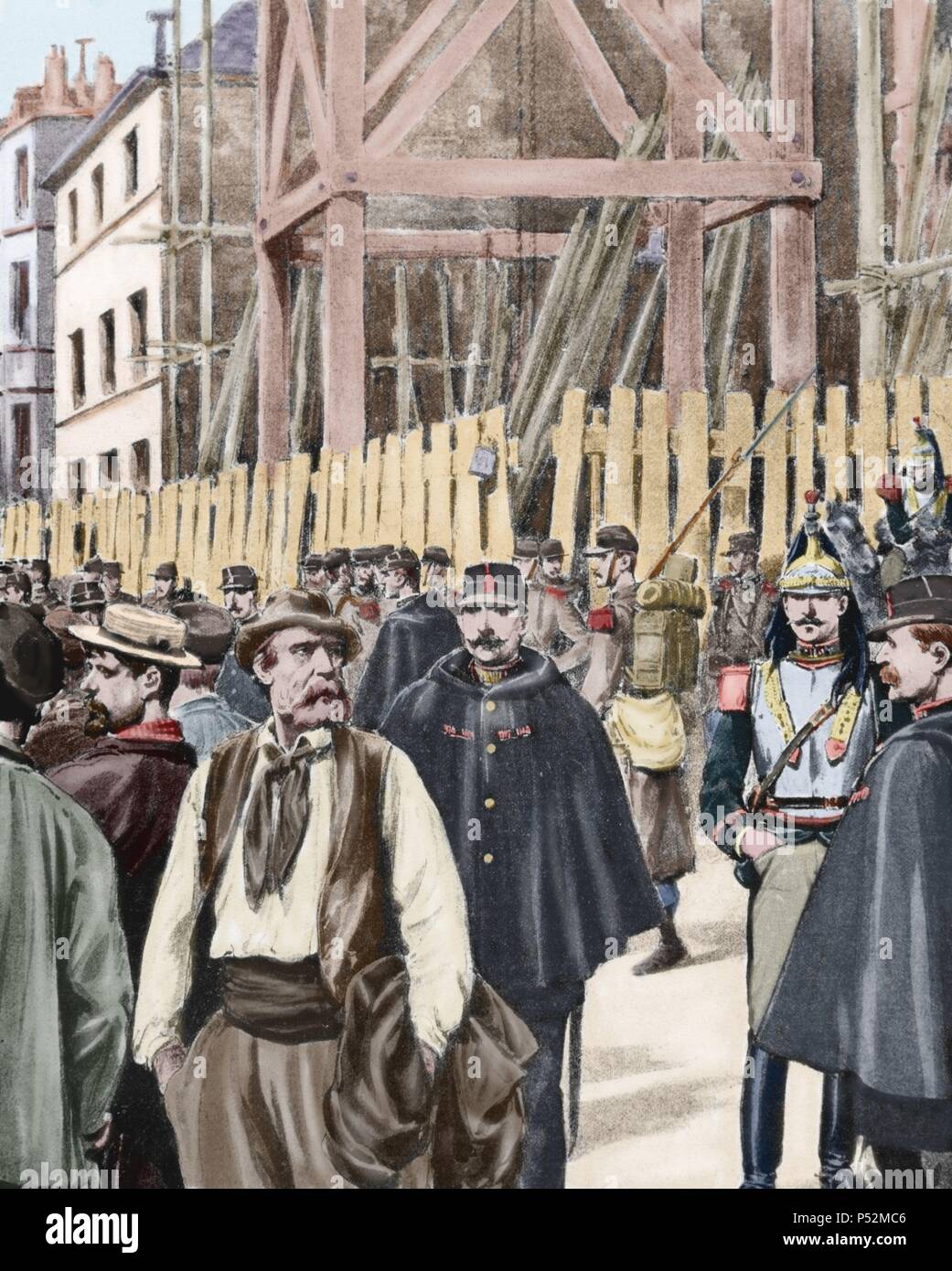 Labor movement. Strike in Paris protected by the army. Late nineteenth century. Colored engraving. Stock Photo