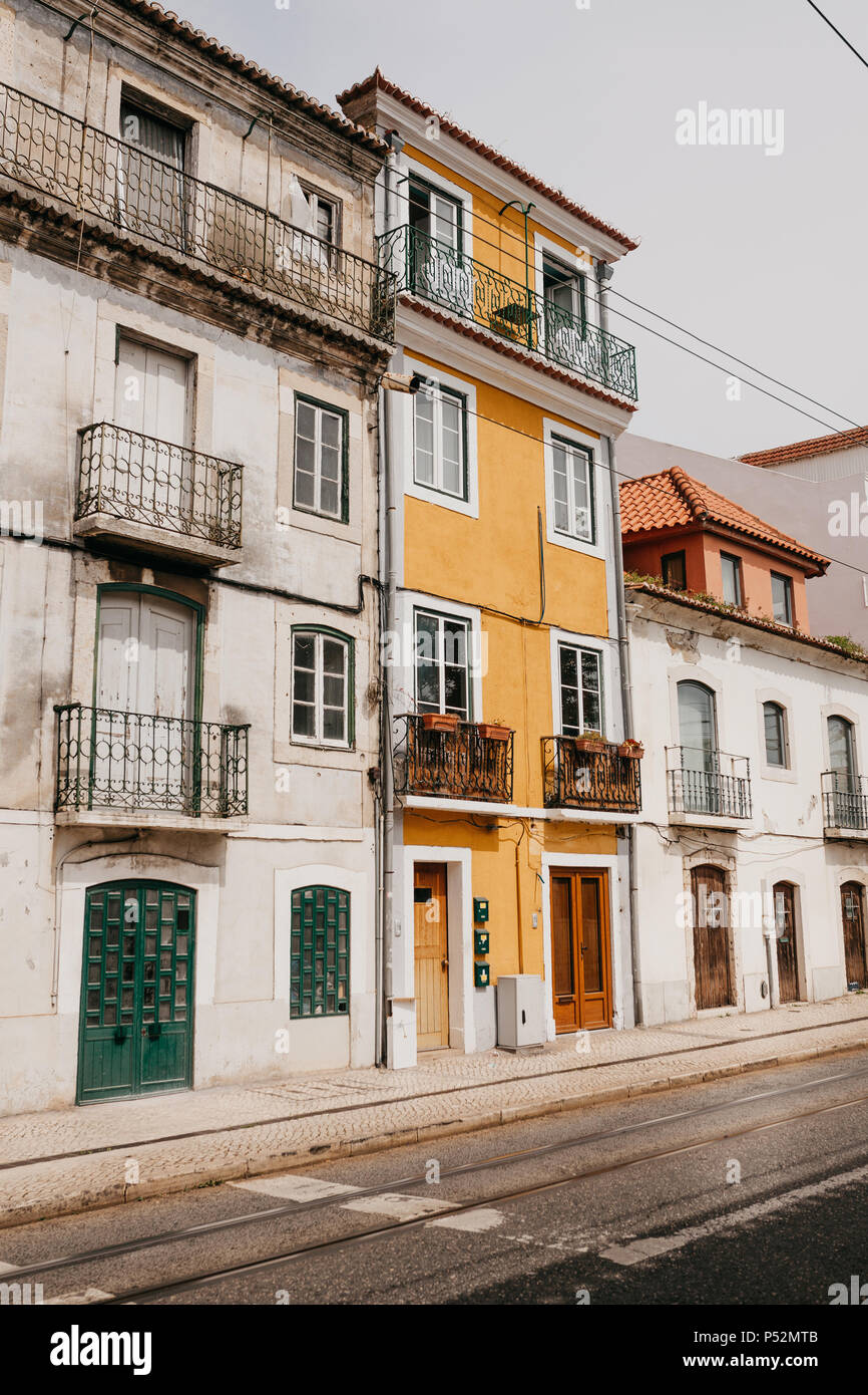 Traditional European architecture. Beautiful old houses on the street in Lisbon in Portugal Stock Photo