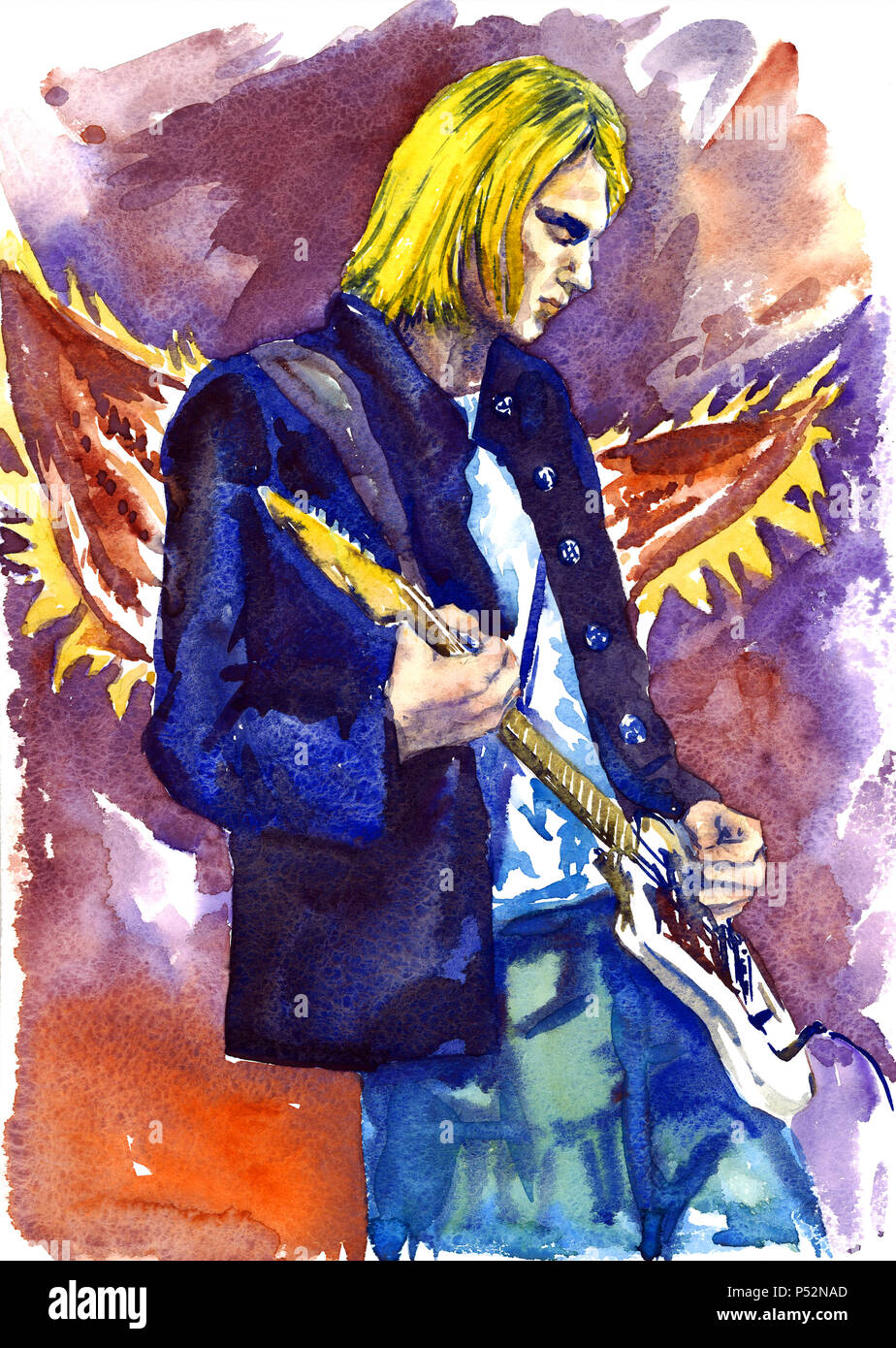 Illustration, painted watercolor inspired by Kurt Cobain, Nirvana leader with guitar on stage, angels wings background Stock Photo
