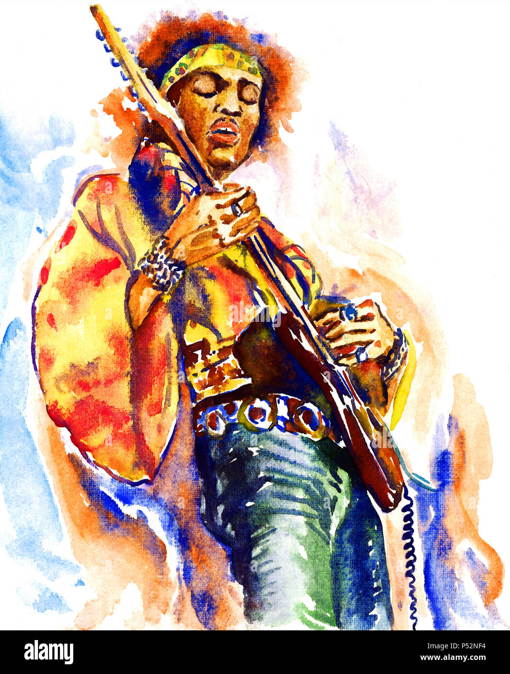 Jimi Hendrix with guitar on stage in hippie clothing: motley headscarf, yellow jacket, green trousers Stock Photo