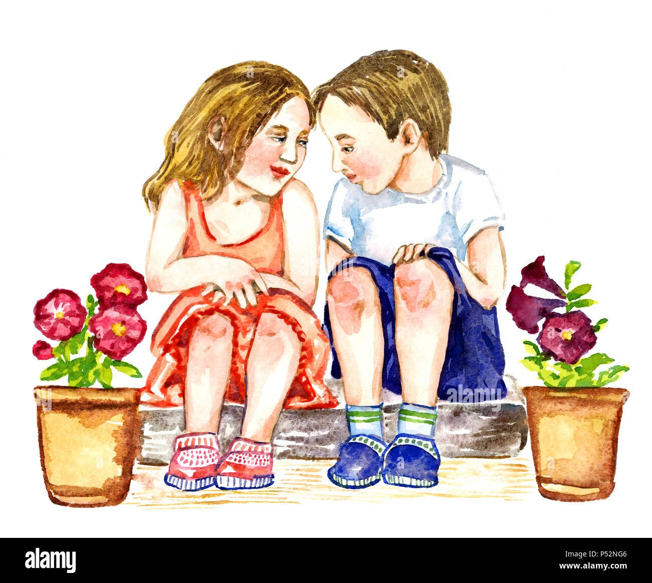 Boy And Girl Having Fun Talking On The Doorstep With Flowers Friendship Isolated Hand Painted Watercolor Illustration Stock Photo Alamy
