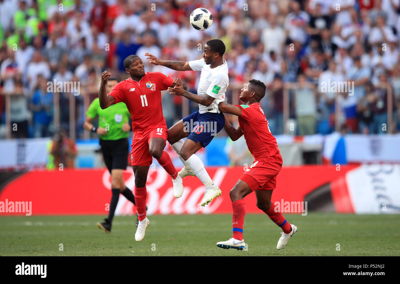 Panama's Armando Cooper (left) and England's Raheem Sterling (centre) battle for the ball during the FIFA World Cup Group G match at the Nizhny Novgorod Stadium. Stock Photo