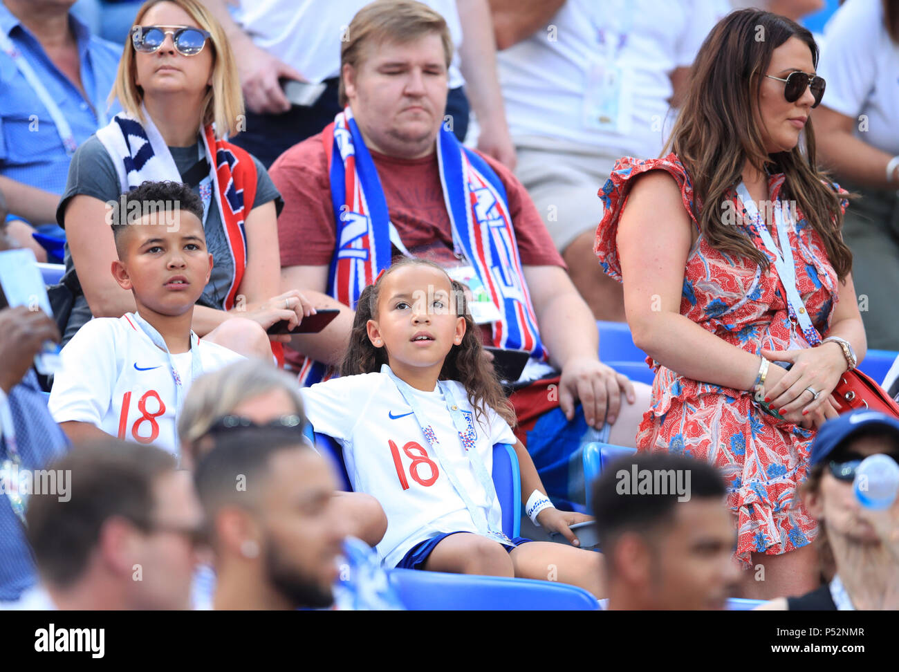 Tyler Young (left-right) Elleama Young and Nicky Pike, wife and children of  England's Ashley Young, during the FIFA World Cup Group G match at the  Nizhny Novgorod Stadium Stock Photo - Alamy