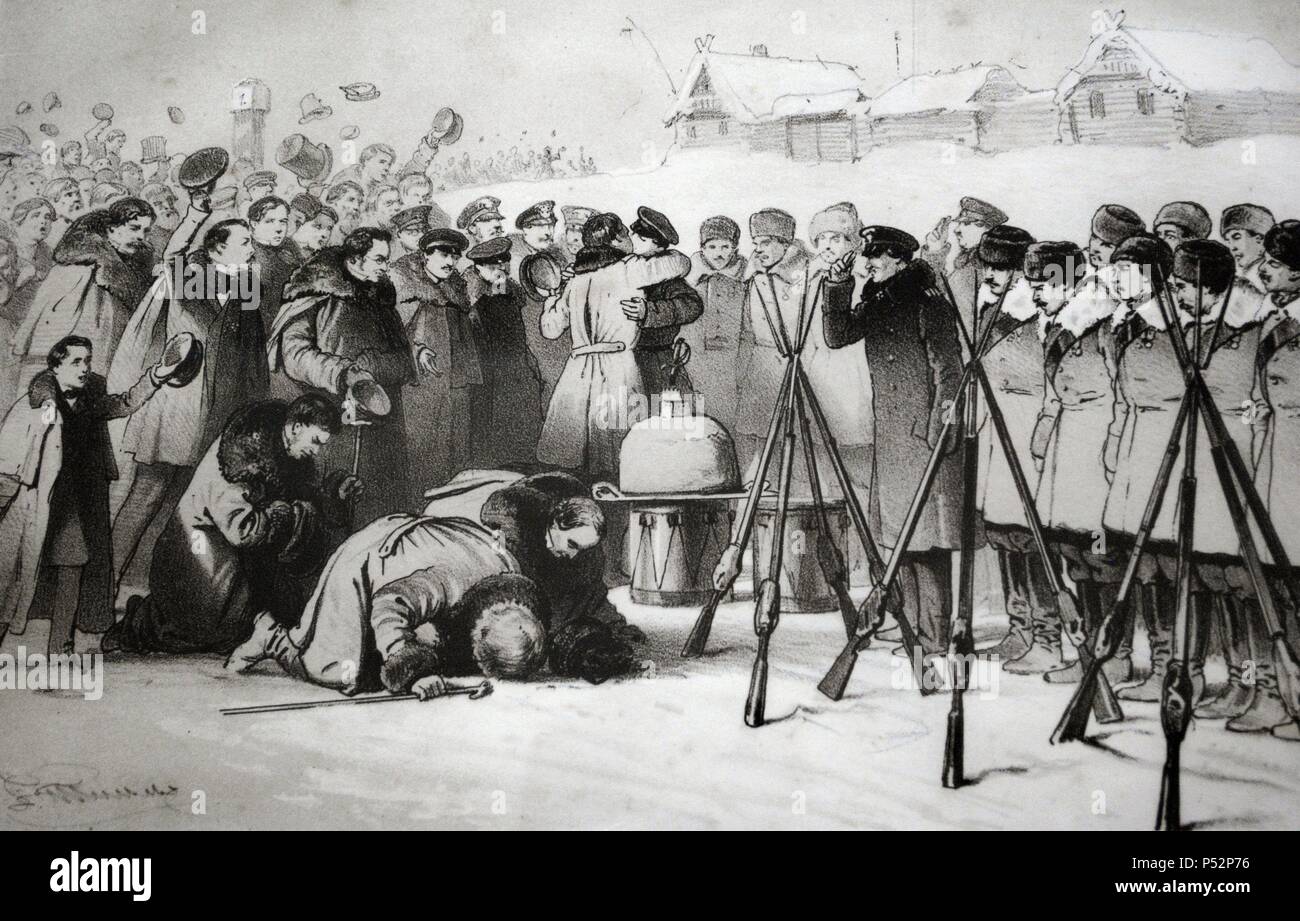 Russia. Moscow. 1856. Ceremony to welcome the participants in the siege of Sevastopol defense, during the Crimean War (1853-1856). Lithography by Vasili Fedorovich (George Wilhelm) Timm (1820-1895). Museum of Heroic Defense and Liberation of Sevastopol. Ukraine. Stock Photo