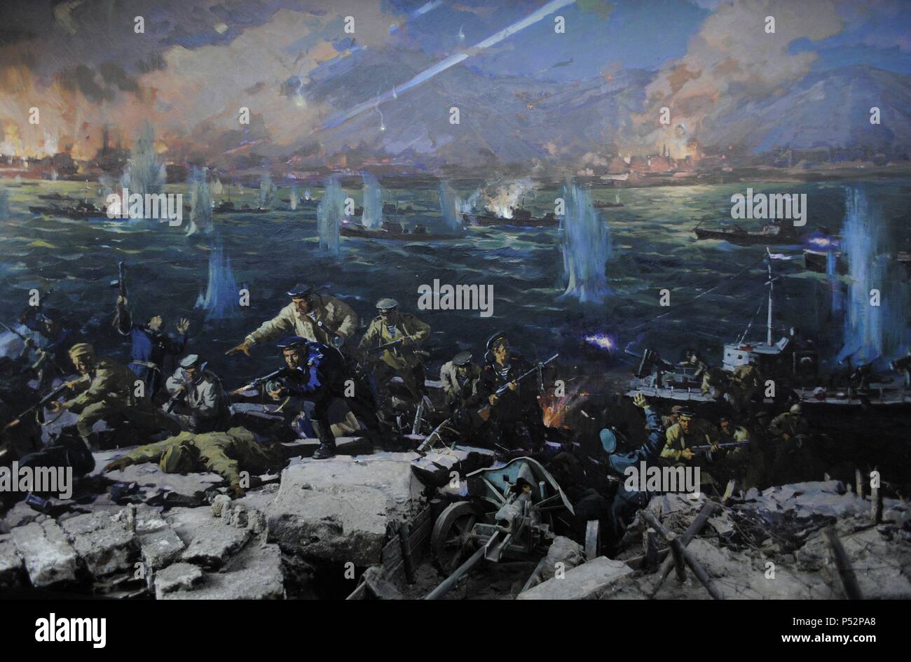 World War II. Russia. Battle of the Caucasus. Novorossiysk-Taman Strategic Offensive Operation, led by the Chief of Staff Ivan Petrov, in 1943. The Red Army landing on the Taman Peninsula and liberation of Novorossiysk, a Russian city in the Black Sea coast. Painting. Museum of Black Sea Fleet. Sevastopol. Ukraine. Stock Photo