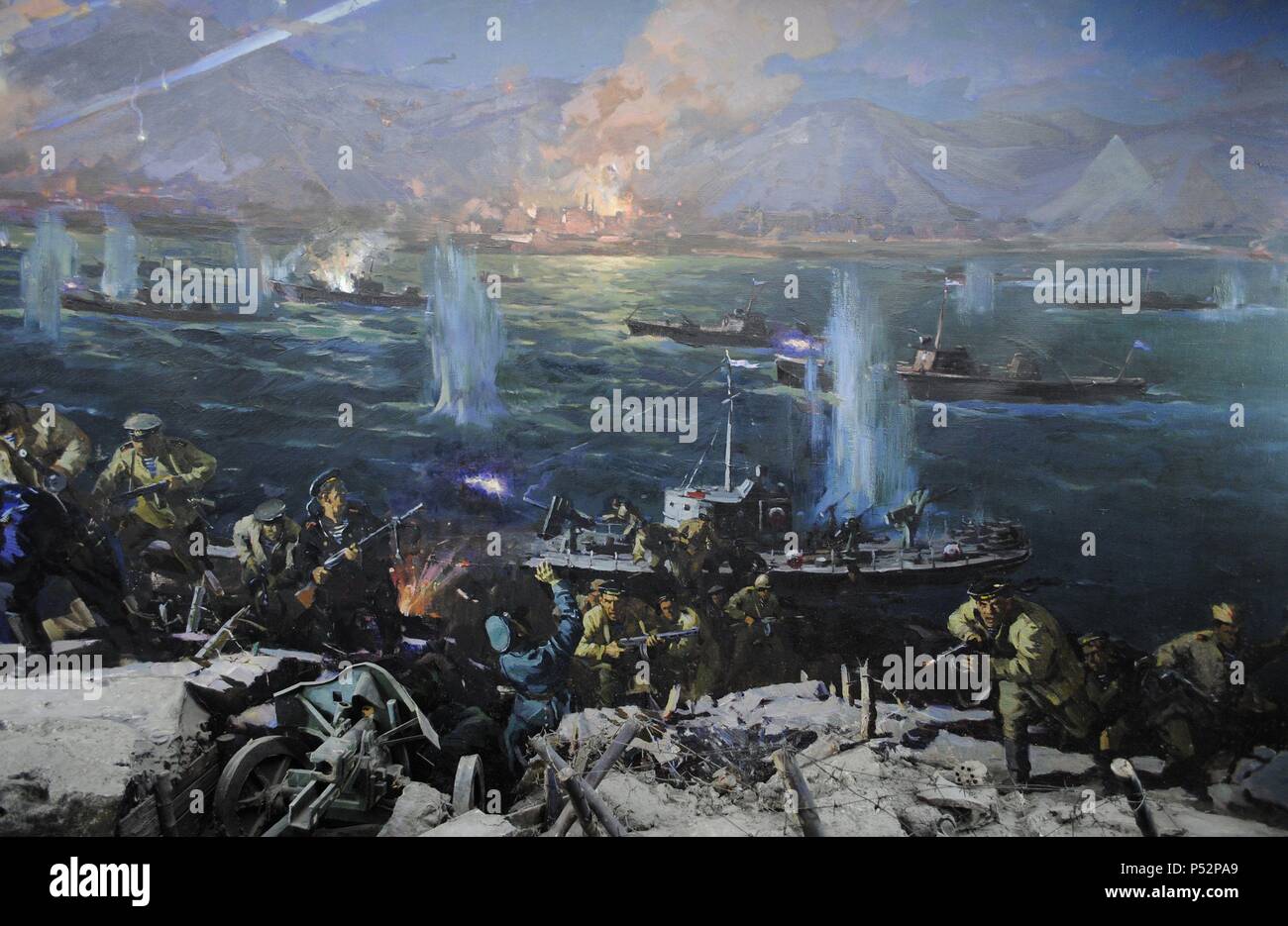 World War II. Russia. Battle of the Caucasus. Novorossiysk-Taman Strategic Offensive Operation, led by the Chief of Staff Ivan Petrov, in 1943. The Red Army landing on the Taman Peninsula and liberation of Novorossiysk, a Russian city in the Black Sea coast. Painting. Museum of Black Sea Fleet. Sevastopol. Ukraine. Stock Photo