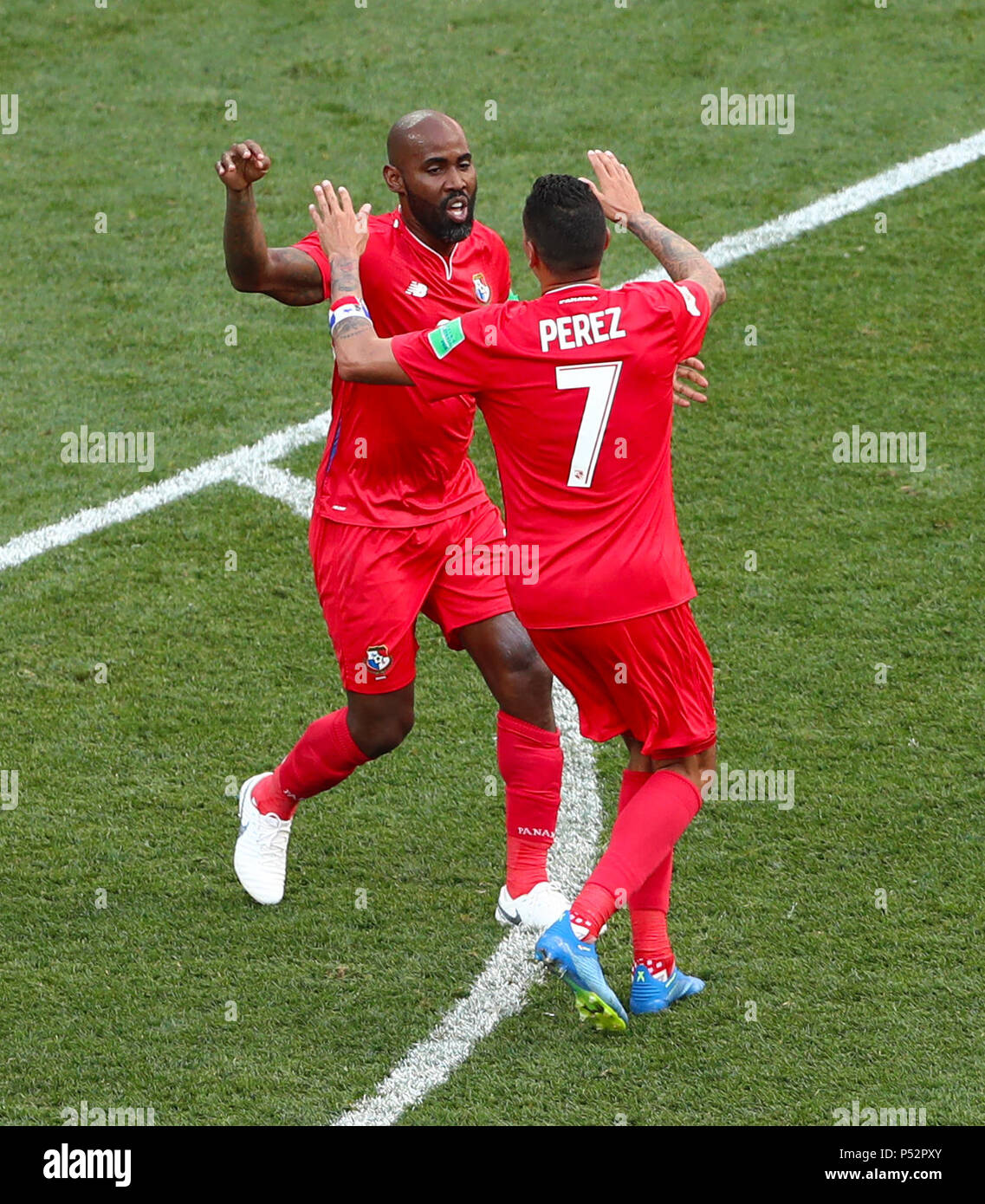 Panama's Felipe Baloy (left) celebrates scoring his side's first goal of the game with team mate Panama's Blas Perez during the FIFA World Cup Group G match at the Nizhny Novgorod Stadium. Stock Photo
