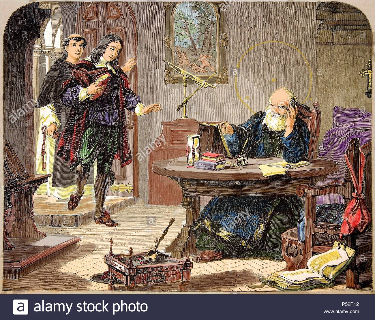 The english poet John Milton (1608-1674) visiting the italian astronomer Galileo Galilei (1564-1642), prisoner by the Inquisition. Colored engraving.