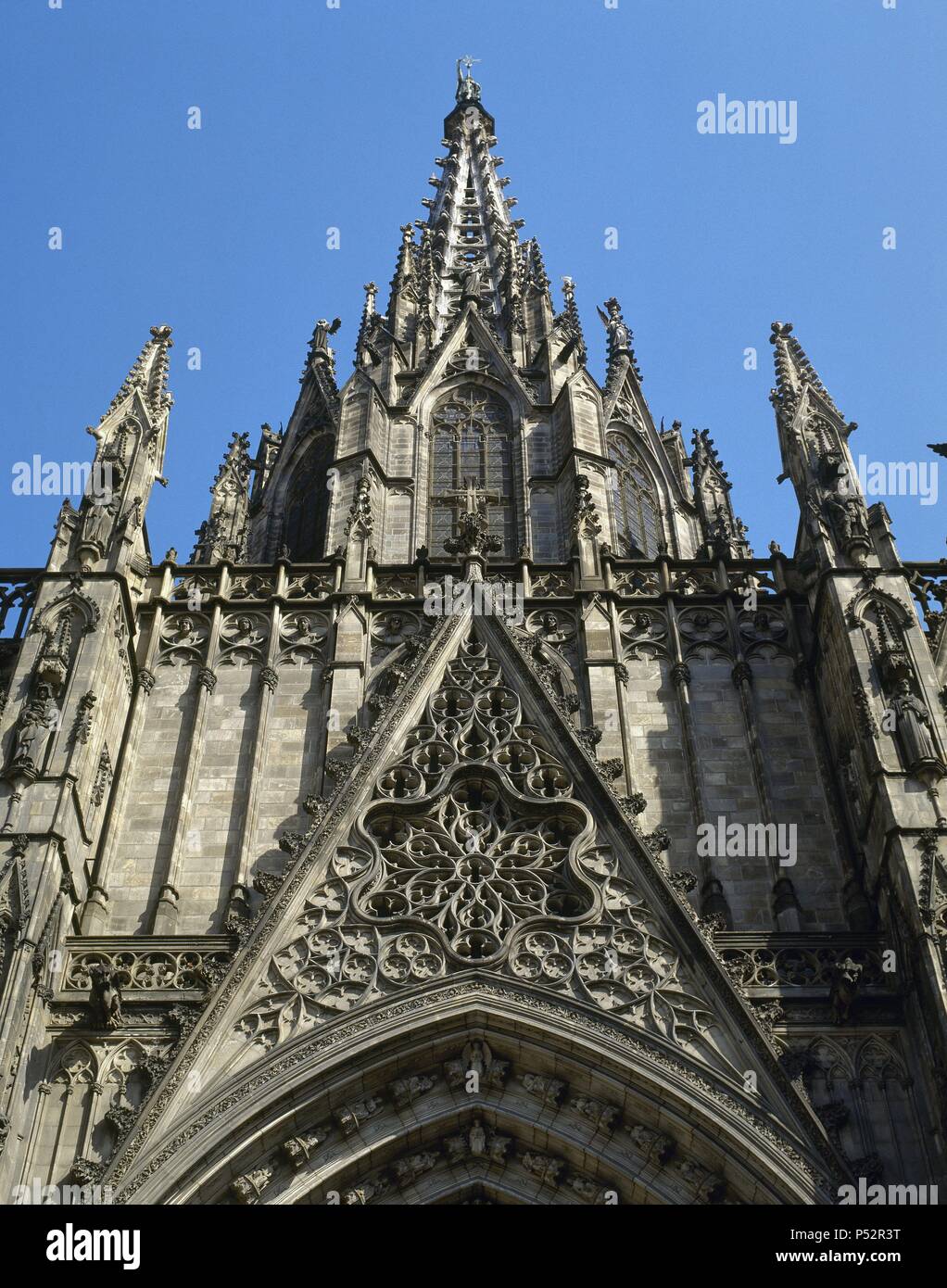 Spain. Barcelona. Cathedral. Facade, was built between 1885-1915, by the architects Josep Oriol Mestres (1815-1895) and August Font i Carreras (1846-1924). Neogothic style. Stock Photo
