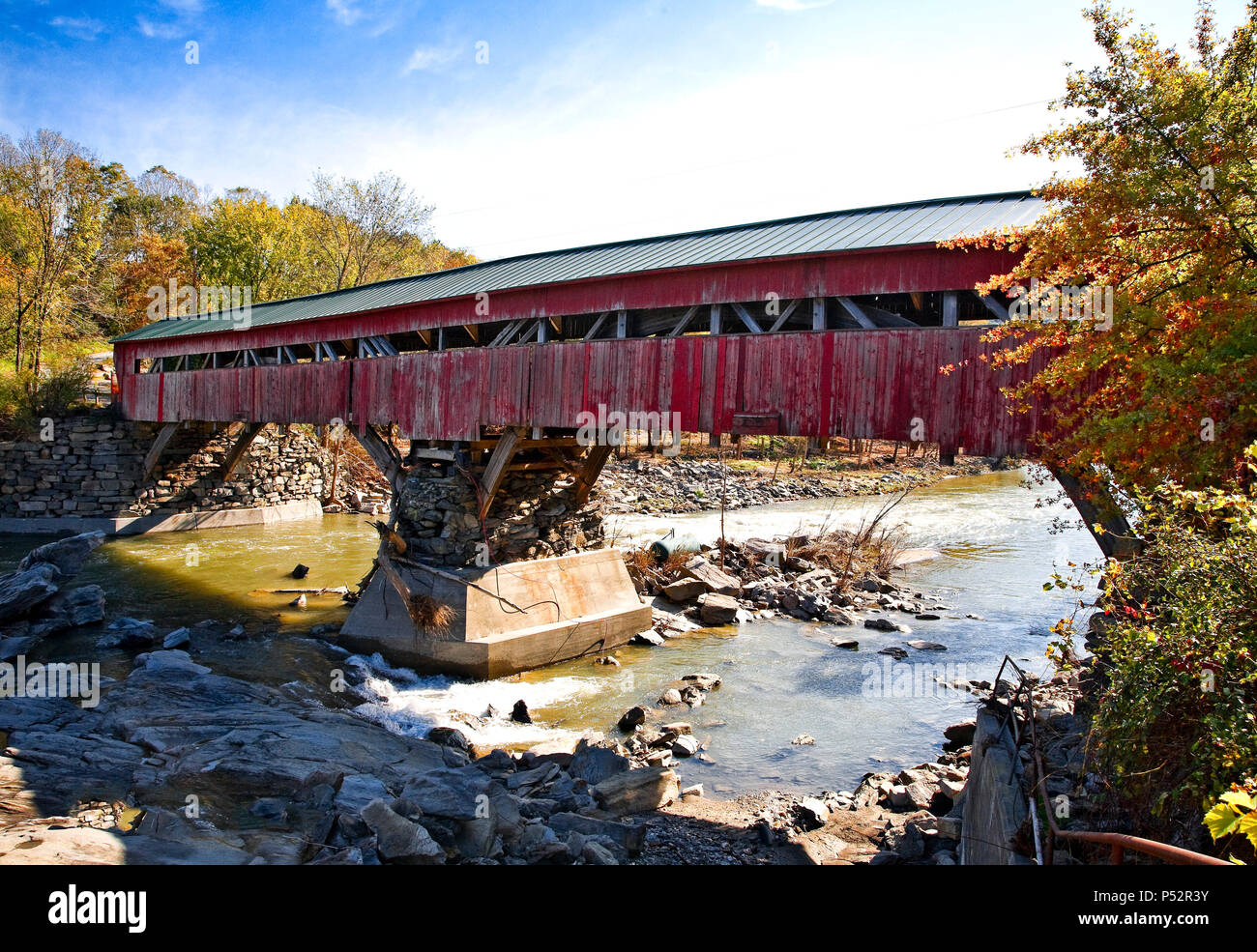 The covered bridge in Taftsville built in 1836 crosses the Ottauquechee