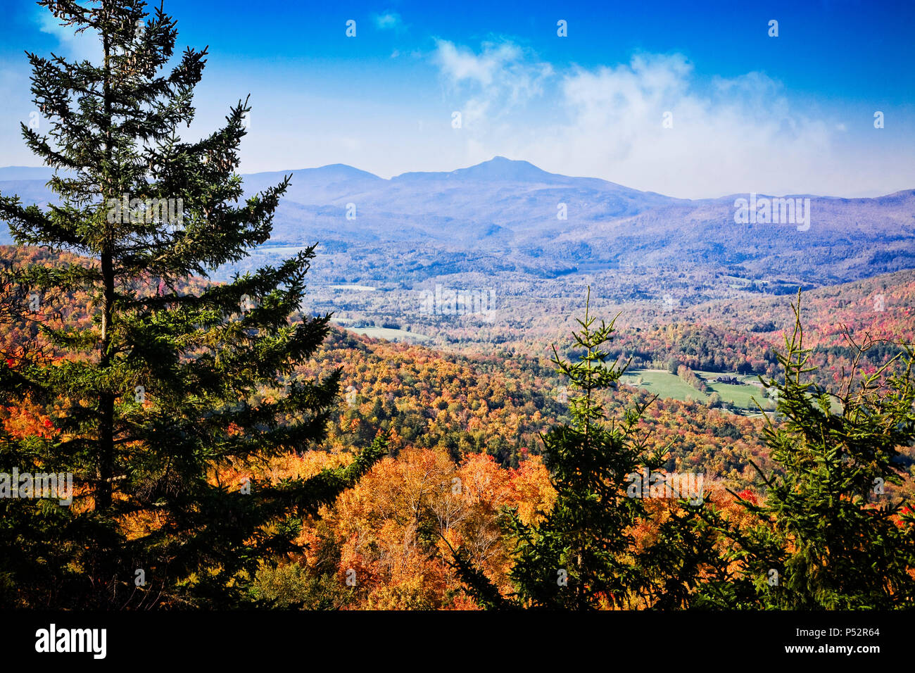 The Green Mountains in full fall color near Stowe Village, Vermont. Stock Photo