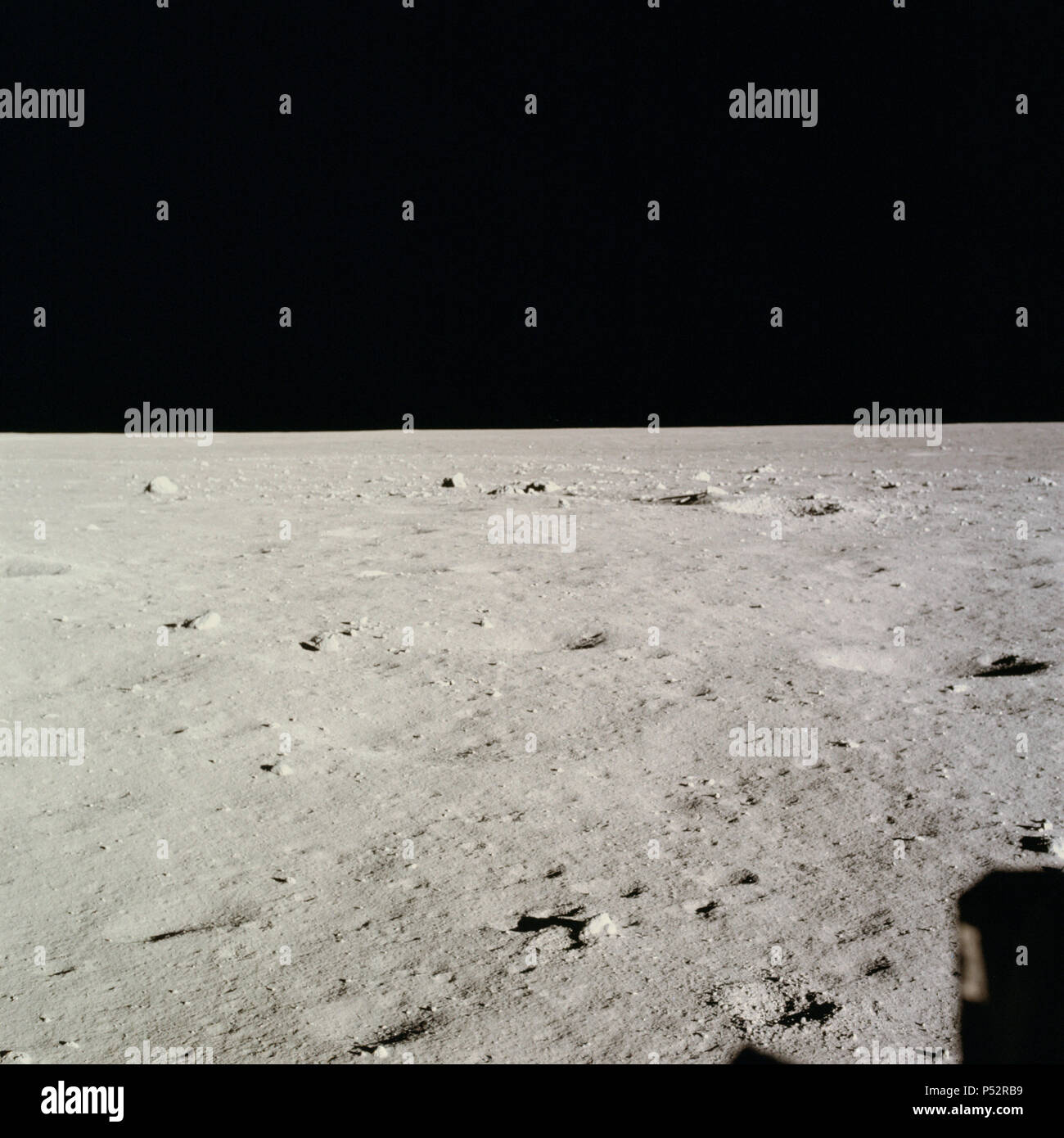 This excellent view from the right-hand window of the Apollo 11 Lunar Module (LM) shows the surface of the moon in the vicinity of where the LM touched down. Stock Photo