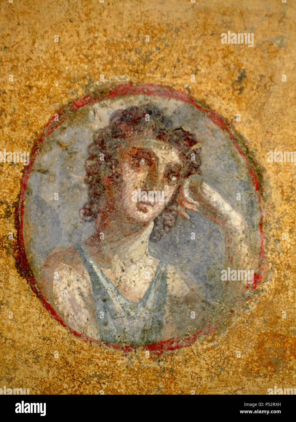 Fresco. Pompeian girl in a rondel, before 79AD. From a cubiculum in the House of the Golden Cupids, Pompeii. Location: CASA AMORINI DORATI, POMPEII, ITALIA. Stock Photo
