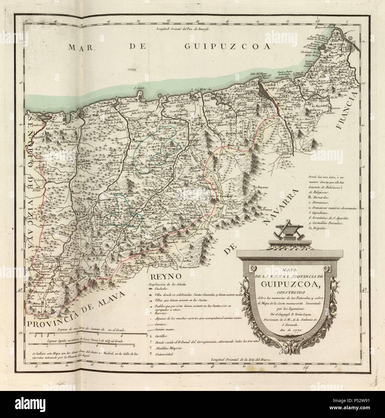 MAPA DE LA M.N. Y M.L. PROVINCIA DE GUIPUZCOA, 1770, GRABADO COLOREADO 40x40. Author: Tomás López (1730-1802). Location: ACADEMIA DE LA HISTORIA-COLECCION, MADRID. Stock Photo