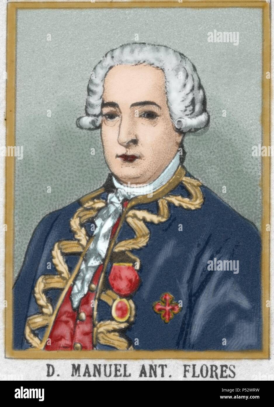 Manuel Antonio Flores (1722-1799). General in the Spanish navy and viceroy of New Granada (1776-1781) and New Spain (1787-1789). Colored engraving. Stock Photo