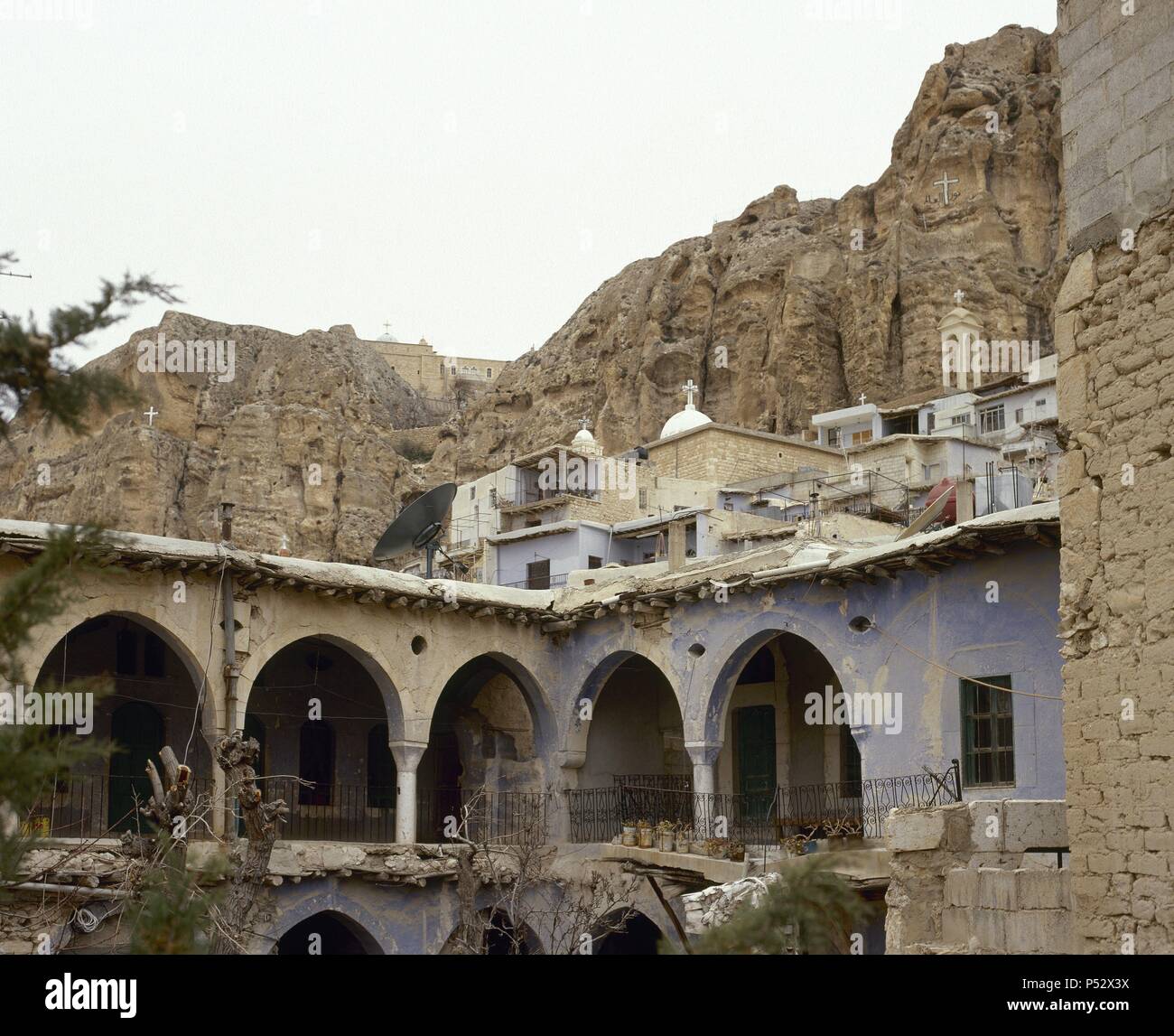 Syria. Ma«loula. Town built into the rugged mountainside. Village where Western Aramaic is still spoken. Near East. Photo before Syrian Civil War. Stock Photo