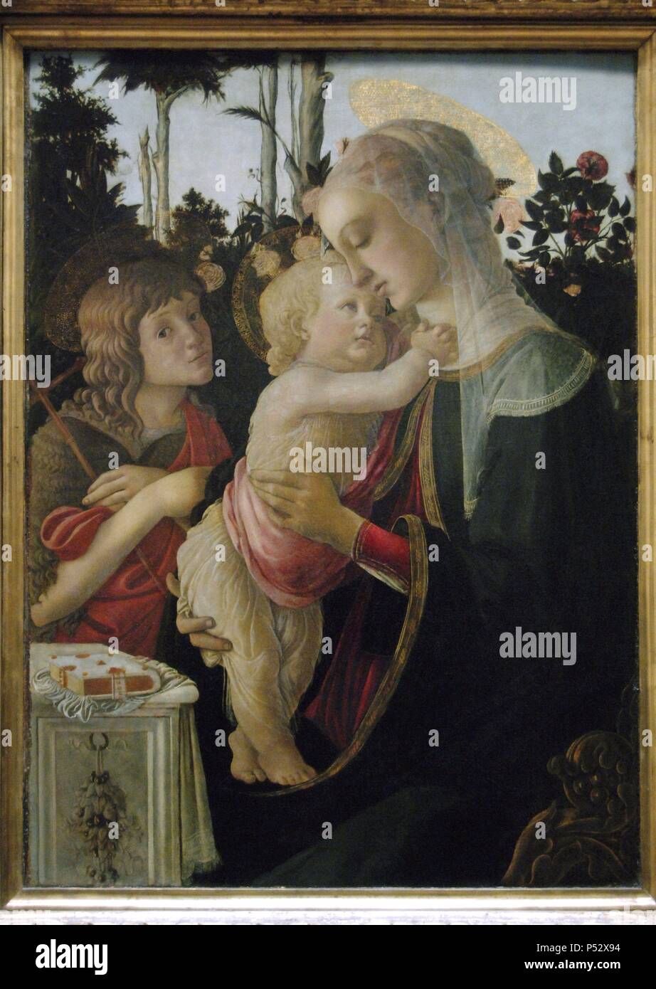 Sandro Botticelli (1445-1510). Italian painter of the Early Renaissance. Florentine School. Madonna and Child with St. John the Baptist. 1468. Tempera on panel. Louvre Museum. Paris. France. Stock Photo