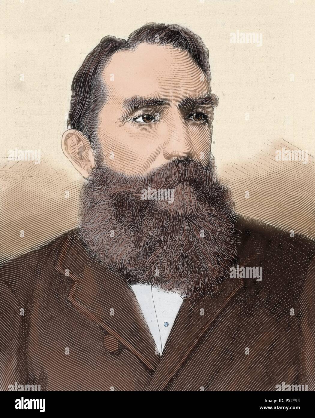 Rafael Nunez (1825-1894). Colombian author, lawyer, journalist and politician. Elected President of Colombia in 1880 and in 1884. Engraving by Carretero. Colored. Stock Photo