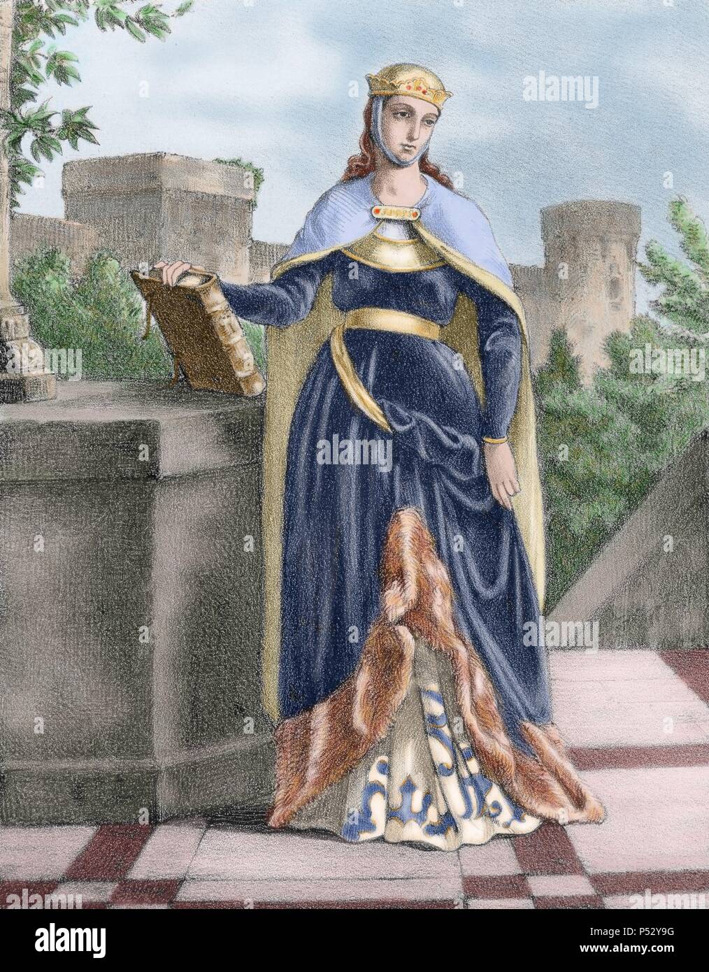 Berengaria (1180-1246). Queen regnant of Castile in 1217 and Queen consort of Leo n from 1197 to 1204. Colored engraving. Stock Photo