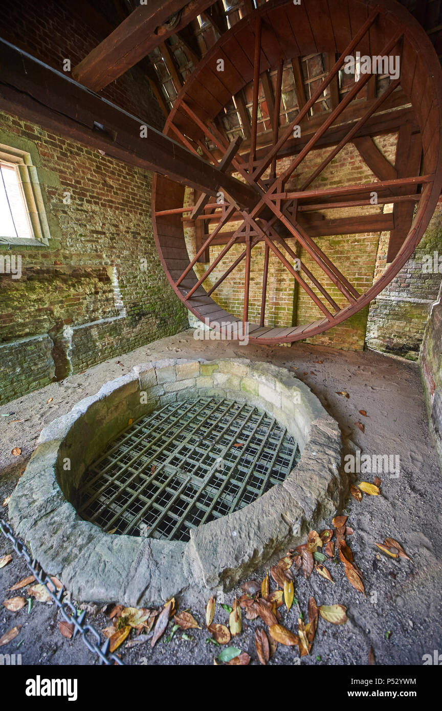 A restored treadmill or Donkey wheel (Equus asinus) used for raising water from a well in the foreground, at Burton Agnes Hall East Yorkshire England Stock Photo