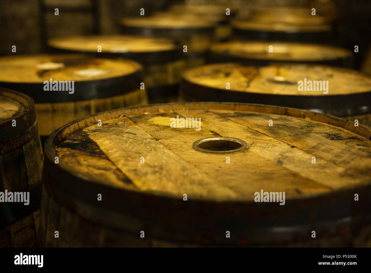Row of empty wooden barrels or casks in the Old Jameson Whiskey Distillery in Midleton, County Cork, Ireland. Stock Photo
