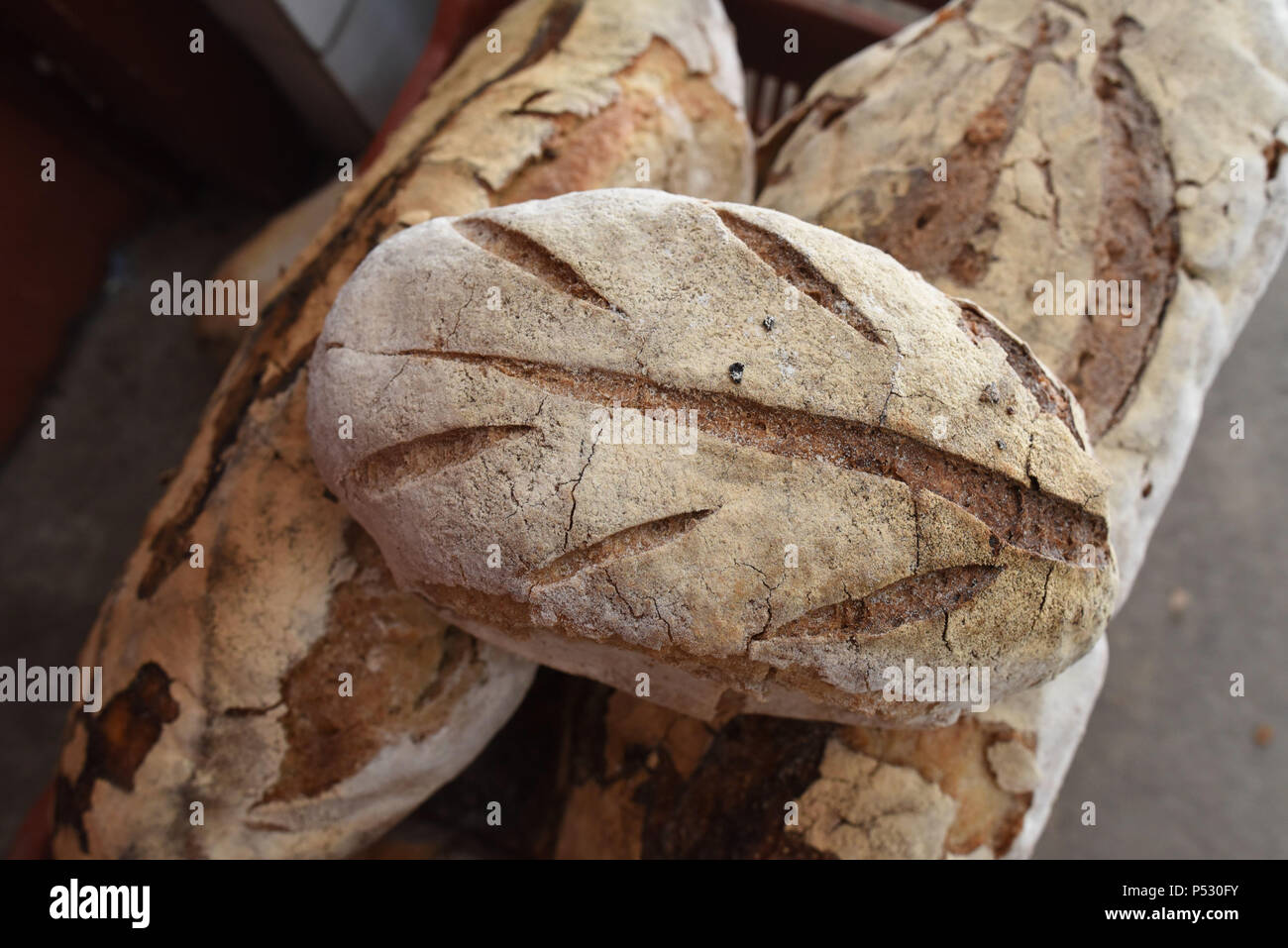 June 30, 2015 - Ungersheim, France: Bread made by Jean-Christophe and Lili Moyses, who describe themselves as "baker-peasants". The couple grow old varieties of wheat, including some a 1.80 meter-high variety, to produce flour and breads which are then locally sold. Ungersheim (population: 2000) is known as the greenest village in France because of its various environment-friendly initiatives: construction of a solar power plant, use of municipal agricultural land to promote local bio food, horse transport for school children, pesticide-free green spaces, eco-lodging, wood heating, etc. Ungers Stock Photo