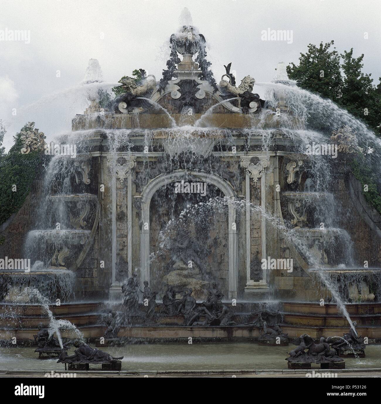 Spain. Castile and Leon. San Ildefonso. Royal Palace of La Granja de San Ildefons. The Gardens. Fountain Baths of Diane. Built by Demaudre and Pitue. Baroque style. View. Stock Photo