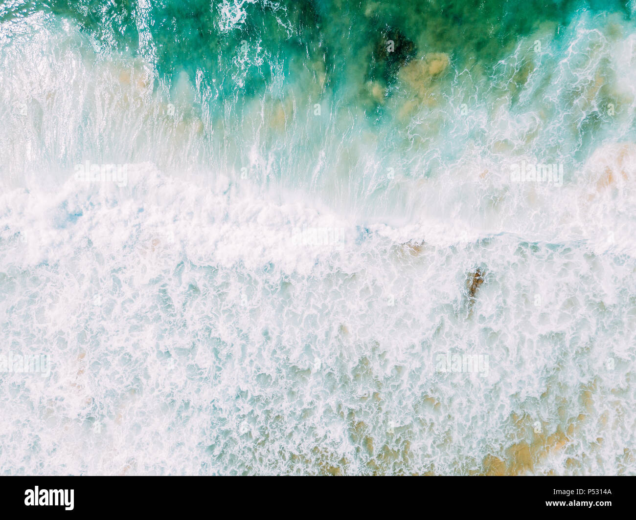 Aerial Panoramic Drone View Of Blue Ocean Waves Crushing On Sandy Beach ...