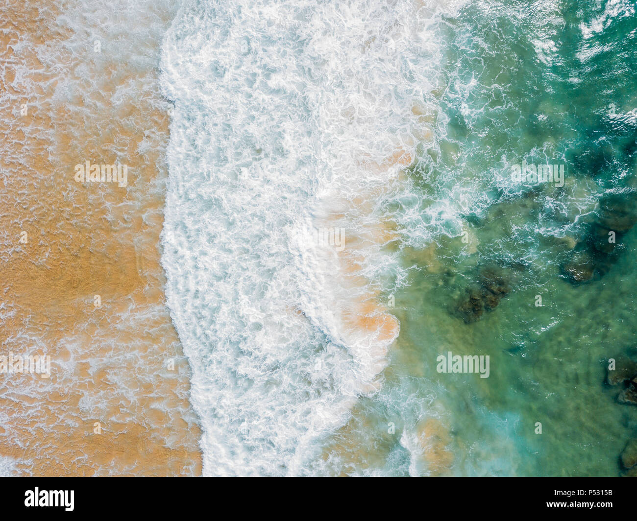 Aerial Panoramic Drone View Of Blue Ocean Waves Crushing On Sandy Beach ...