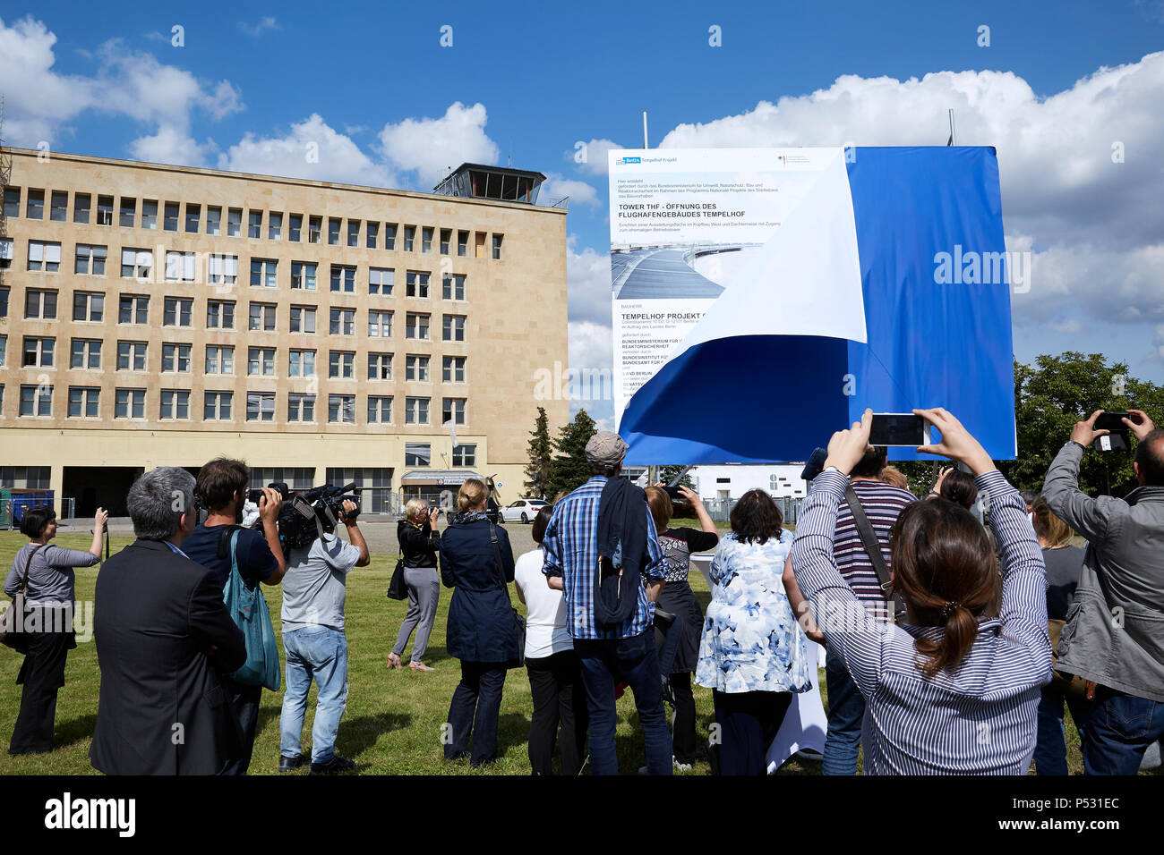Berlin, Germany - Unveiling of the information panel on the construction project Opening of Tempelhof Airport - Tower THF Stock Photo