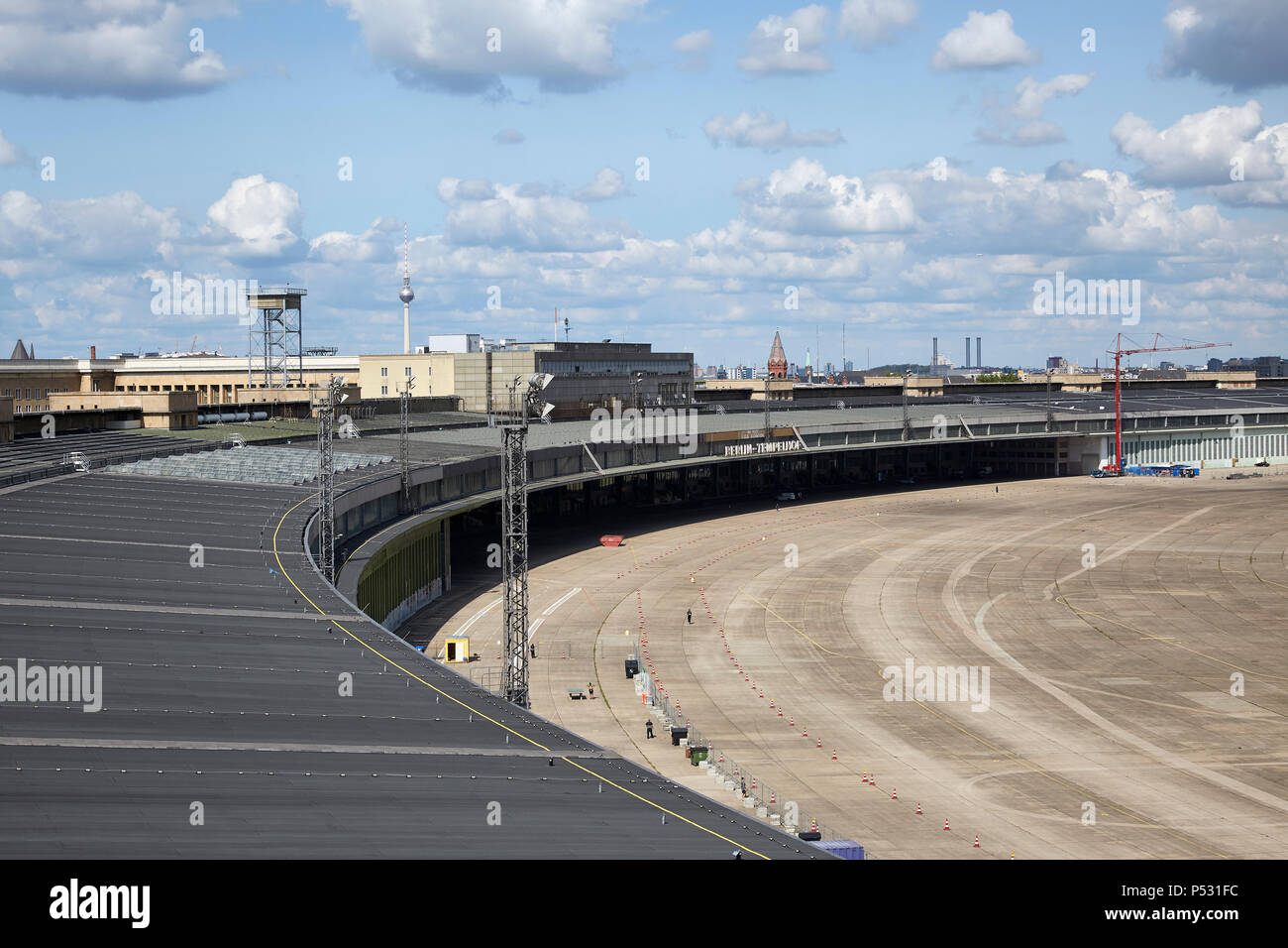 Berlin, Germany - View from the roof of the head building west of the former airport Berlin-Tempelhof over the hangars and the earlier apron. Stock Photo