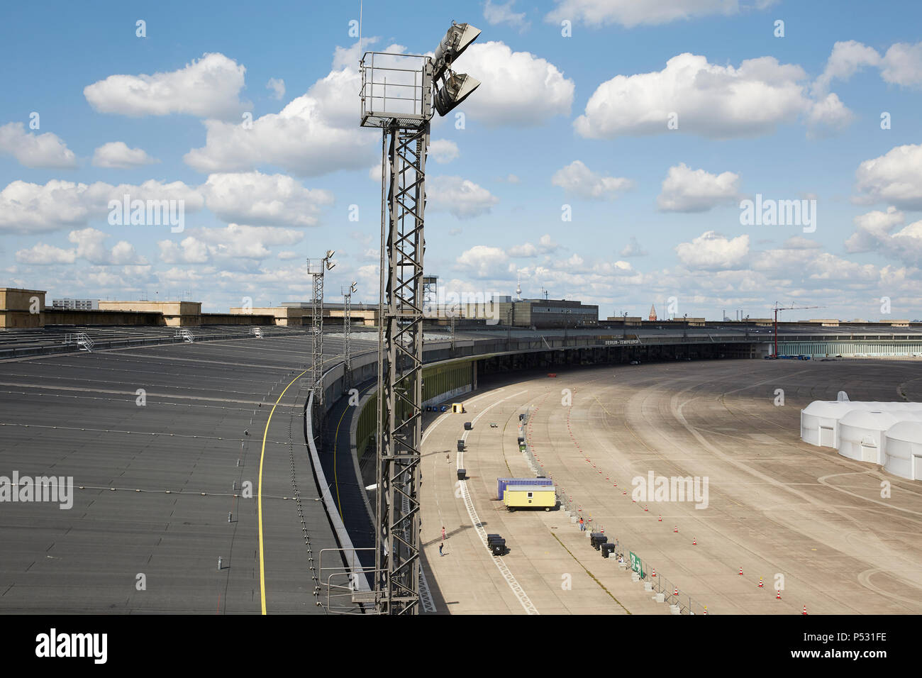 Berlin, Germany - View from the roof of the head building west of the former airport Berlin-Tempelhof over the hangars and the earlier apron. Stock Photo
