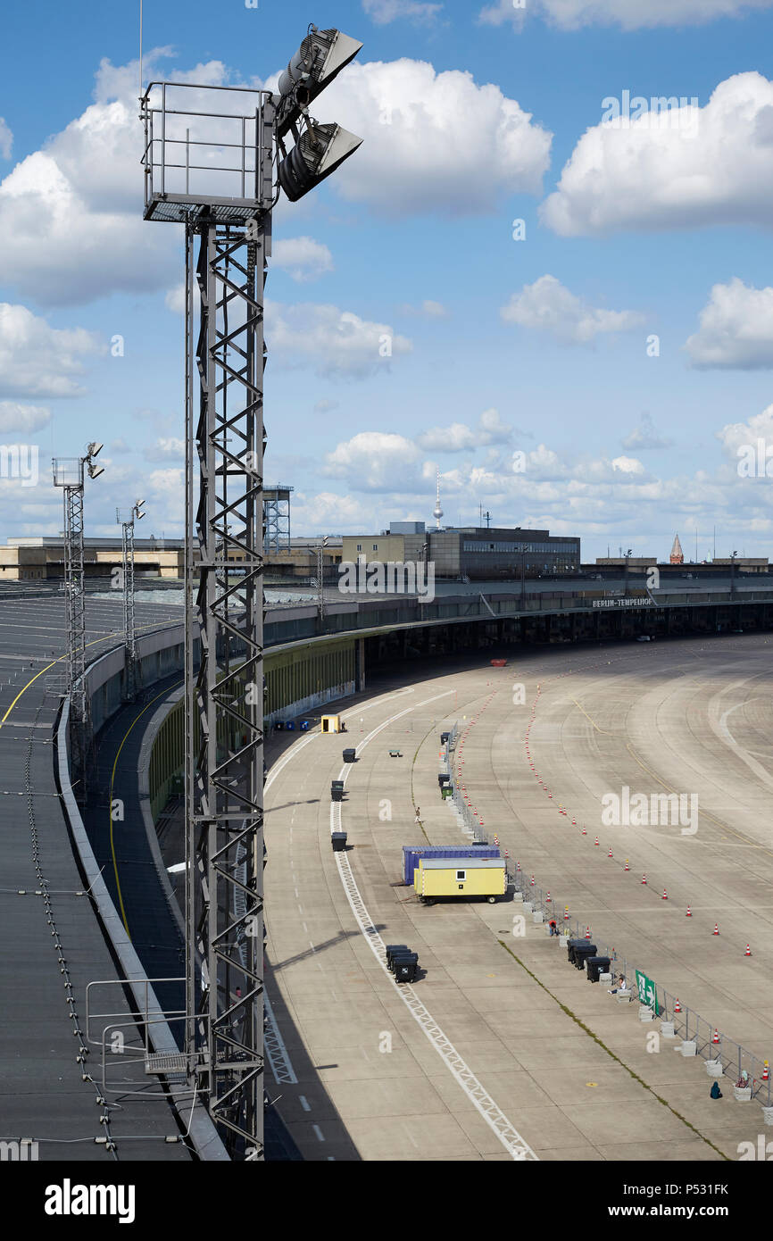 Berlin, Germany - View from the roof of the head building west of the former airport Berlin-Tempelhof over the hangars and the earlier apron. Stock Photo